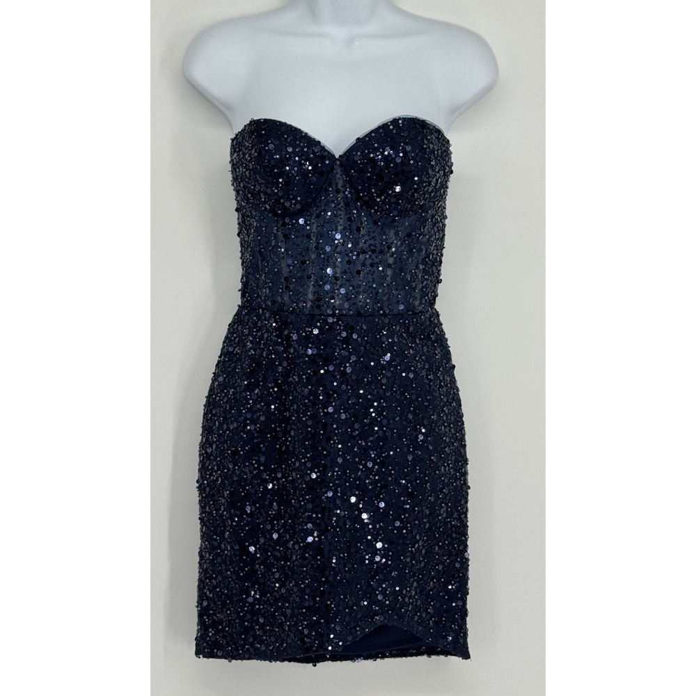 Navy Blue Sequin Mini Dress 4 Prom Party Glam Sheer Corset Sexy Y2k